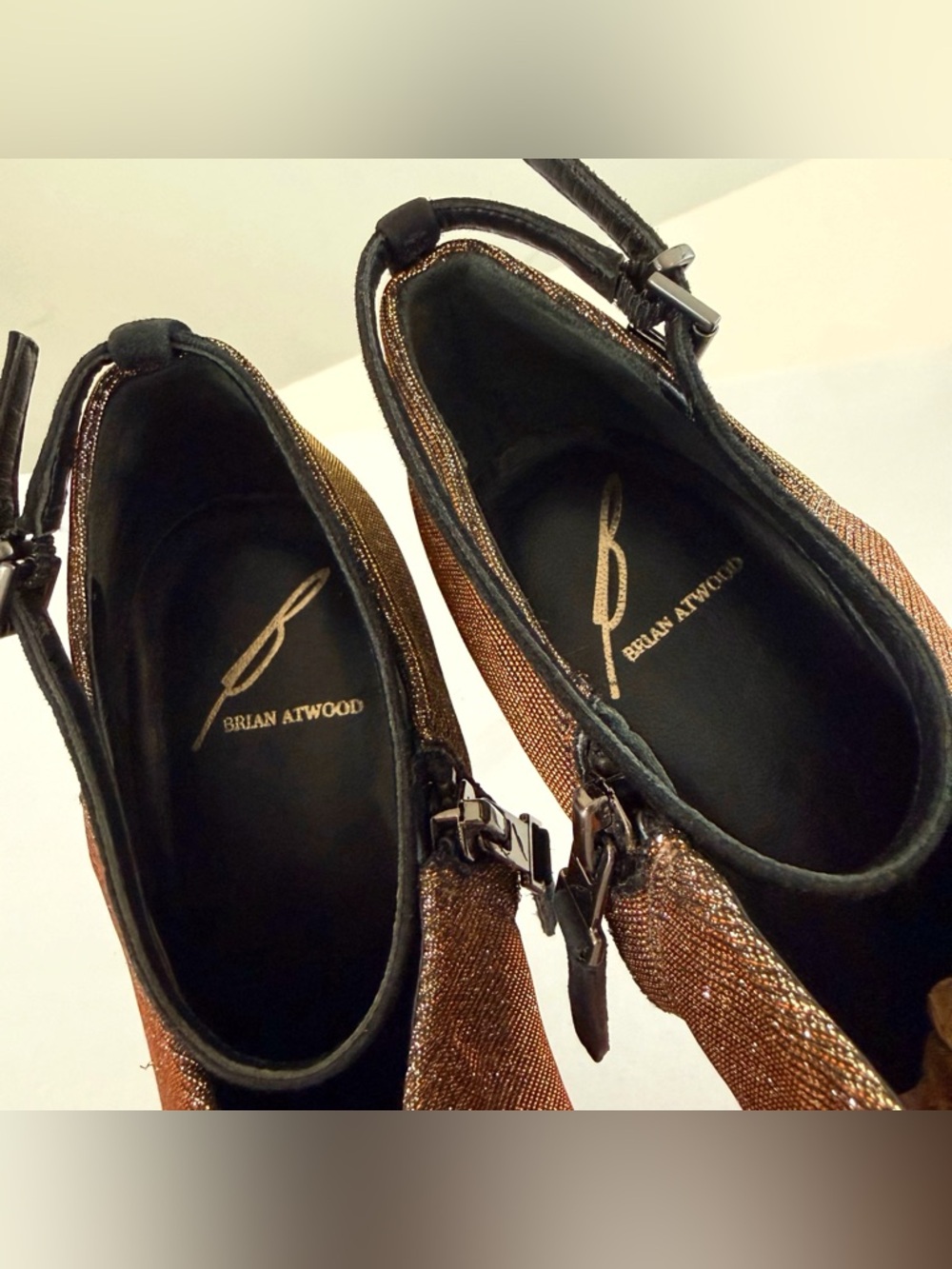 BRIAN ATWOOD FRUITERA BLACK SUEDE METALLIC GOLD SILVER HIGH HEEL BOOTIES - Picture 6 of 11